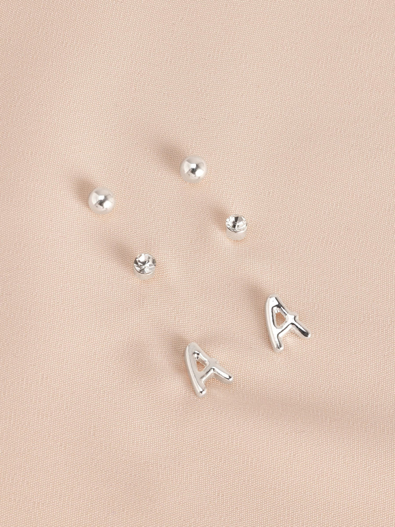 Silver tone initial stud earrings pack (British brand)