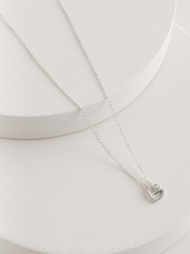 Heart necklace silver tone recycled brass cubic zirconia, imported from the UK