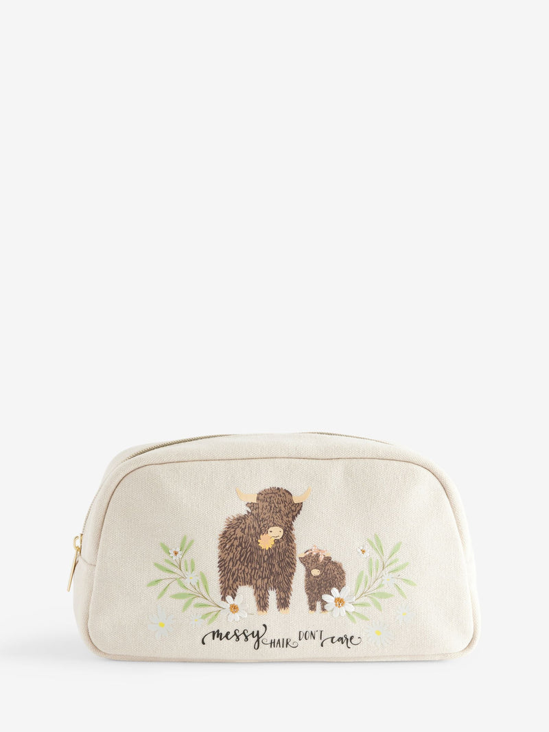 Makeup bag featuring Hamish the Highland Cow design, imported from the UK