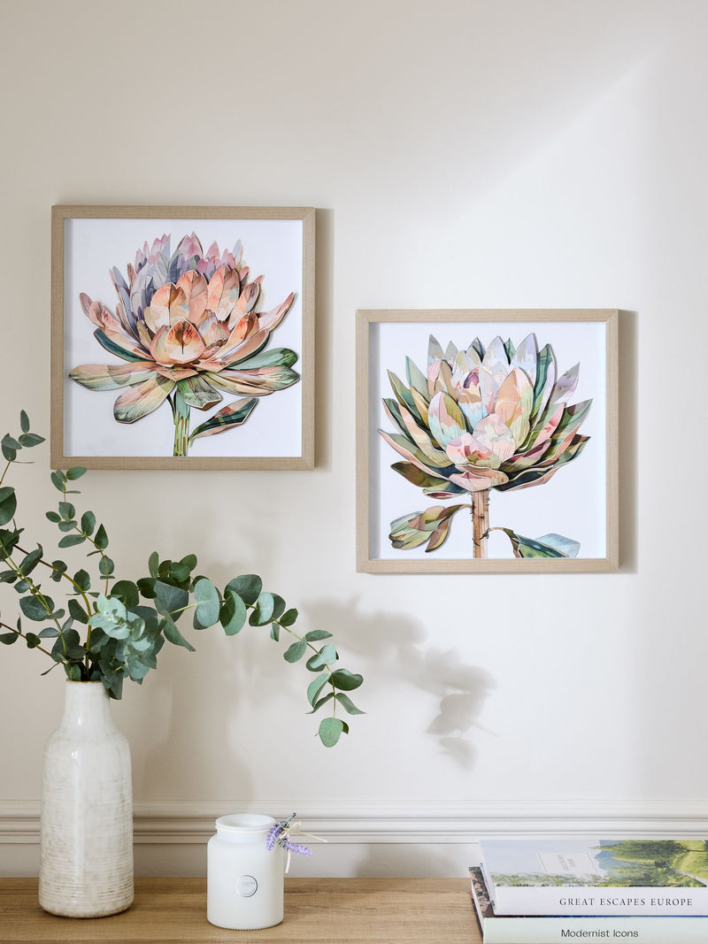 Pink 3D floral print Protea wall art set of 2 (British brand)