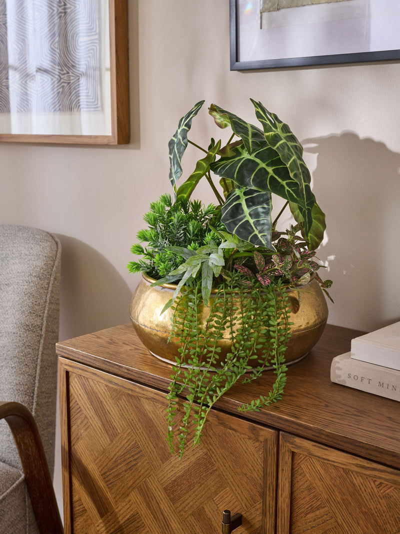 Green artificial succulent arrangement in antique bronze bowl, UK version