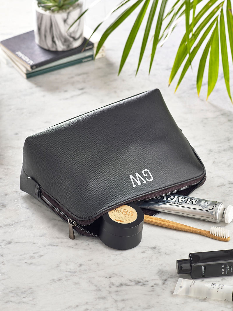 Personalised faux leather wash bag for men, UK version