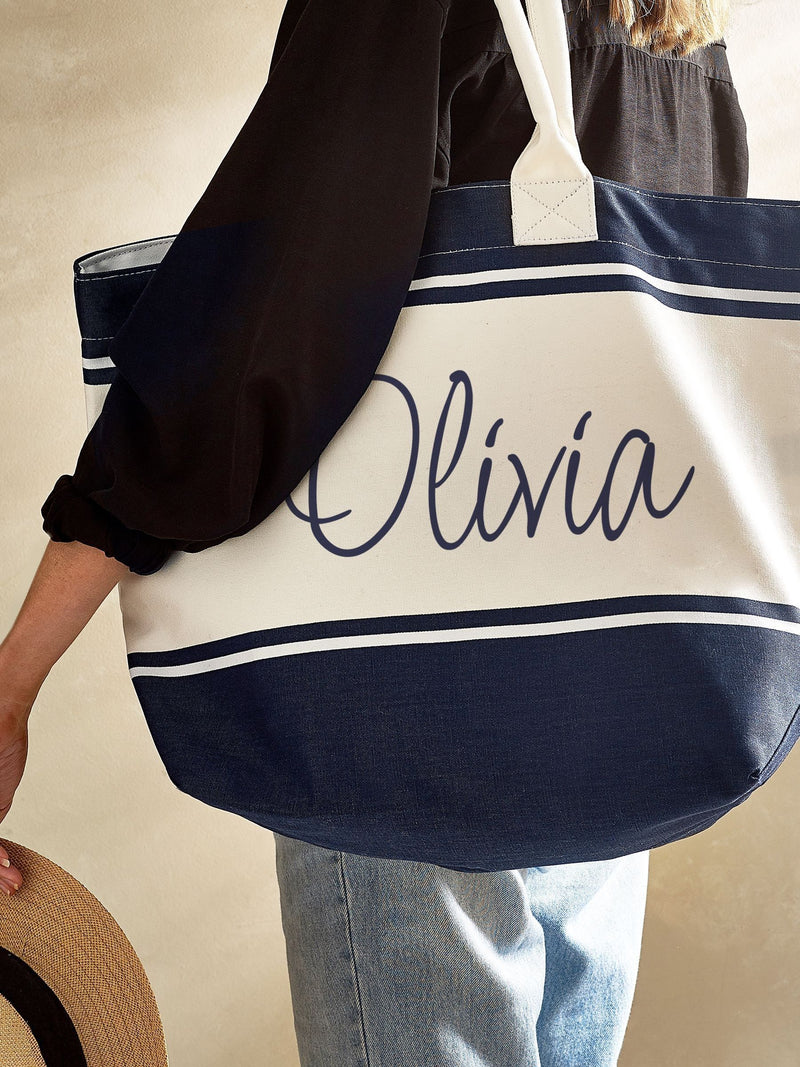 Personalised stripe beach bag in cotton canvas, UK version