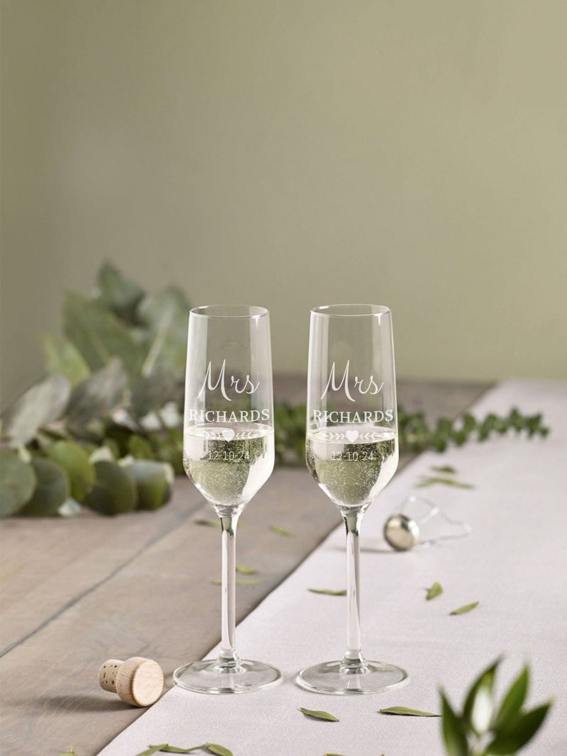 Loveabode personalised champagne flute glasses set of 2, imported from the UK