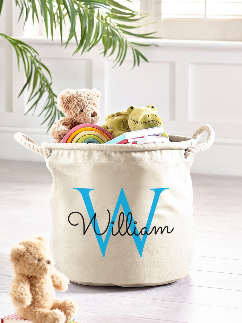 Personalised cream canvas storage basket 40x40cm, imported from the UK