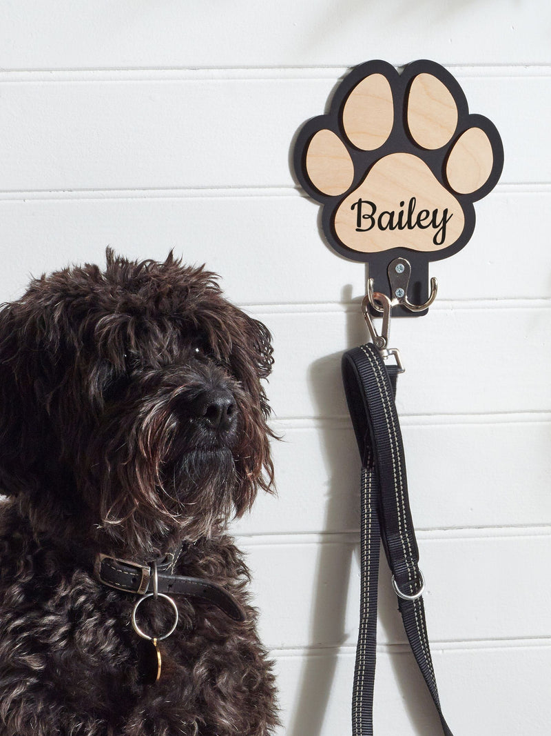 Personalised wooden dog lead hook paw shaped, UK version