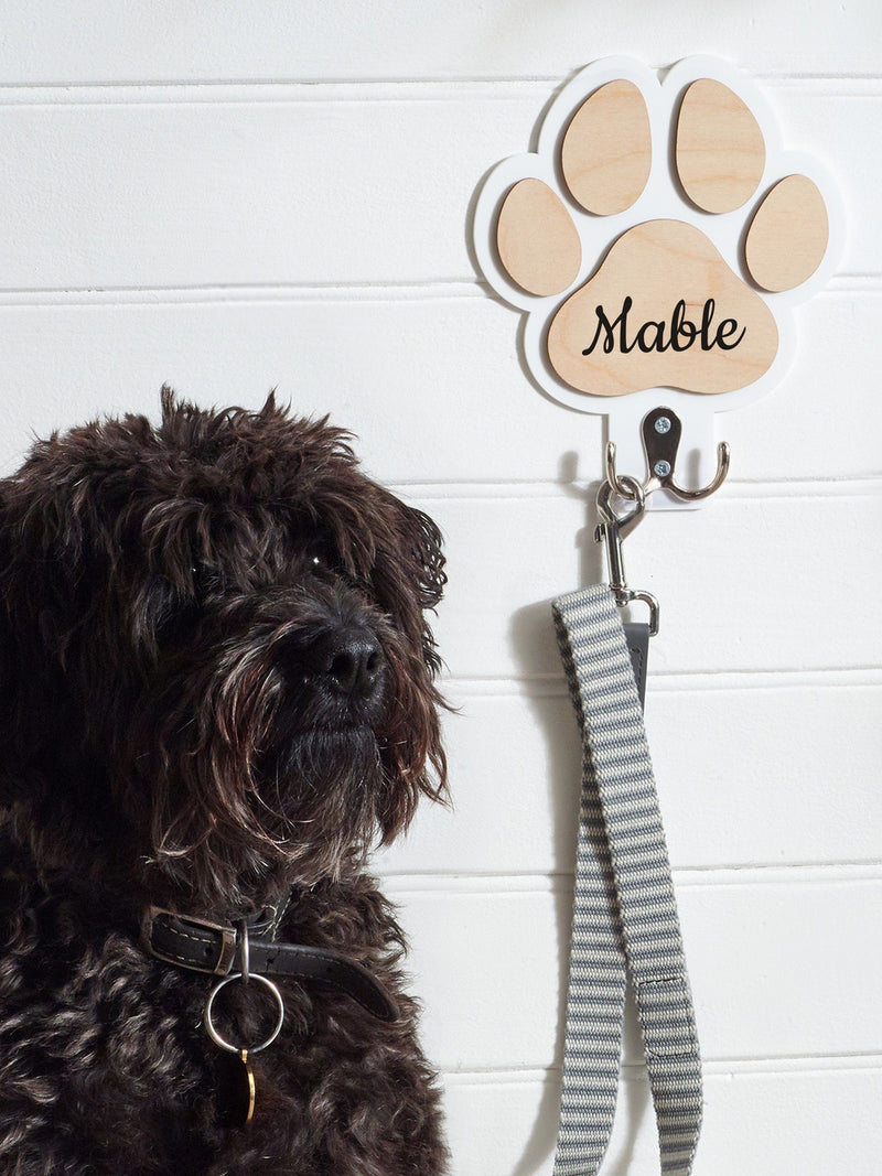 Personalised wooden dog lead hook paw shaped, UK version