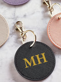 LoveAbode personalised round keyring PU leather gold clip (British brand)