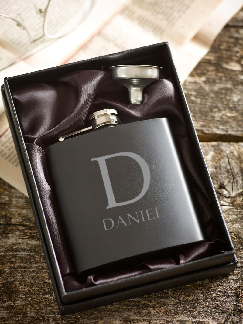 Loveabode personalised hip flask, stainless steel, imported from the UK