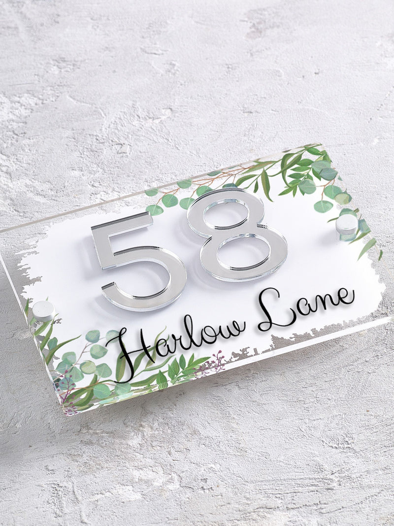 House sign with leaf print and 3D mirror numbers 20x14cm, imported from the UK