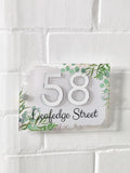 House sign with leaf print and 3D mirror numbers 20x14cm, imported from the UK