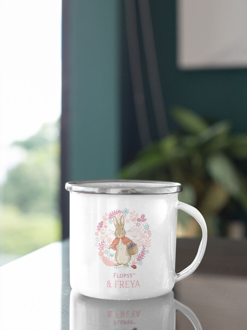 Star Editions Personalised Flopsy Bunny Enamel Mug with Peter Rabbit Design, imported from the UK