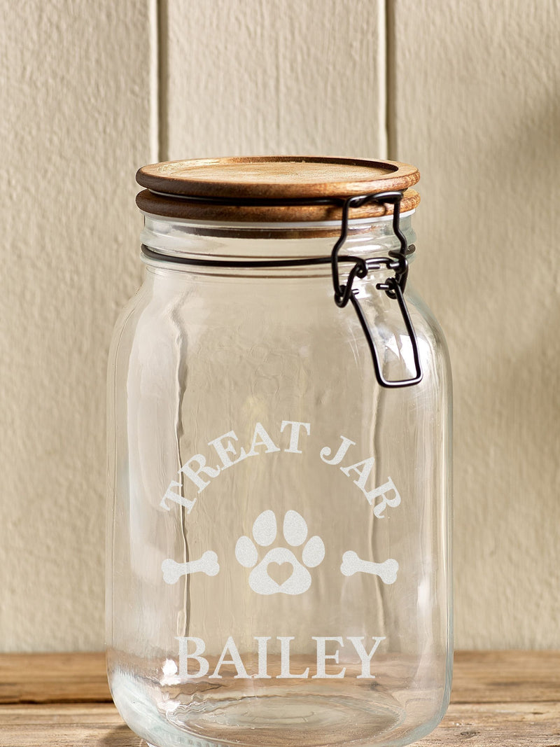 Personalised dog treat jar with acacia wood lid 11.5x19cm (British brand)