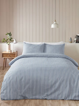 Catherine Lansfield Chambray Blue Reversible Supersoft 100% Brushed Cotton Stripe Duvet Cover Set