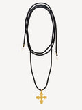 Gold Plated Cross Charm Necklace with Zirconia Stars and Suede Cord