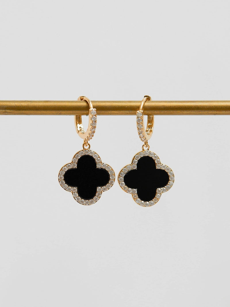 Jon Richard black MOP clover huggie earrings 16mm x 30mm, UK version