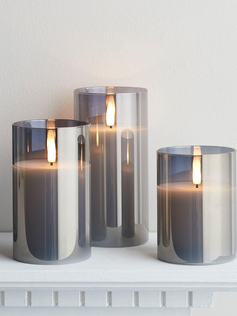 Lights4fun smoked grey LED glass candle trio, UK version