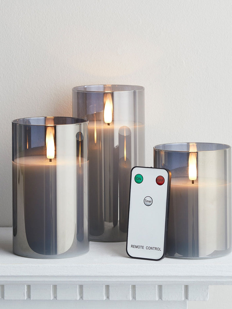 Lights4fun smoked grey LED glass candle trio, UK version
