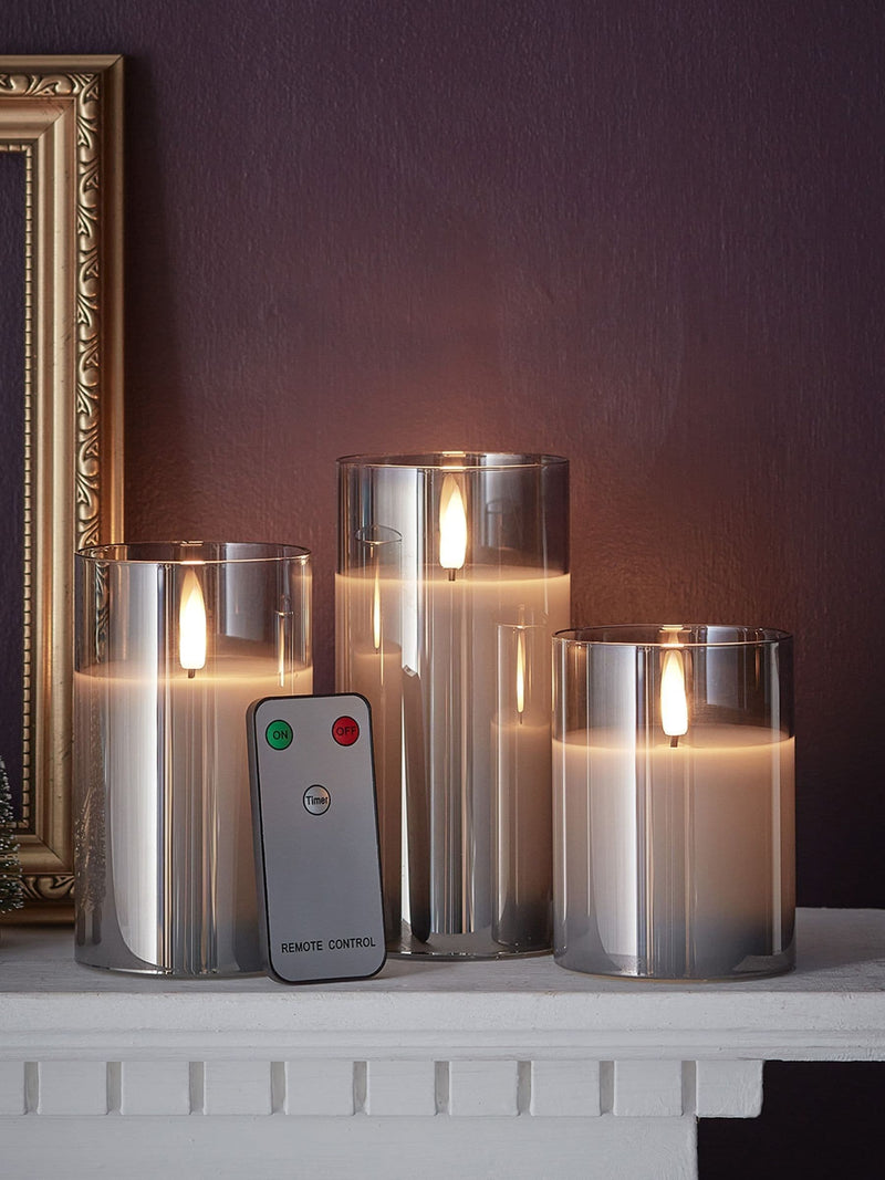 Lights4fun smoked grey LED glass candle trio, UK version