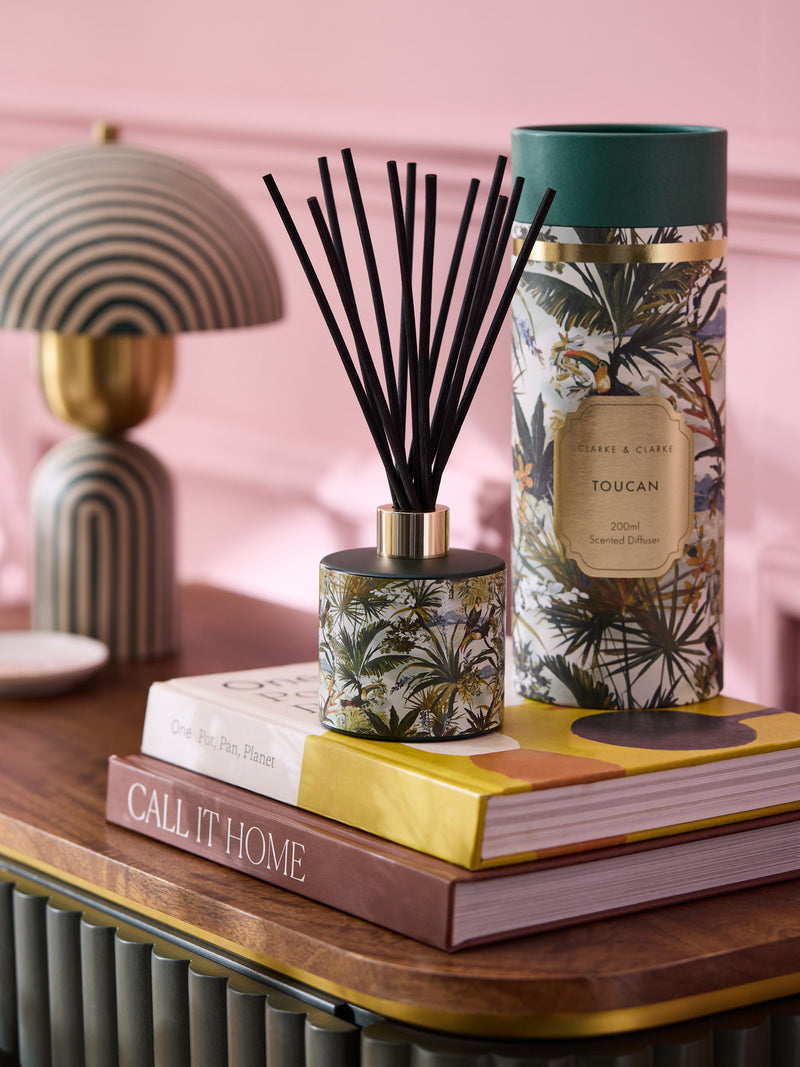Clarke and Clarke Amber and Cedarwood Toucan reed diffuser - British product