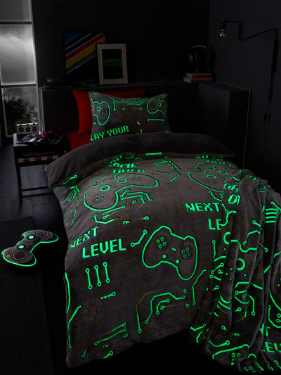 Next Catherine Lansfield Black Game Over Glow in the Dark Fleece Duvet Cover Set- Buy online at McGrocer