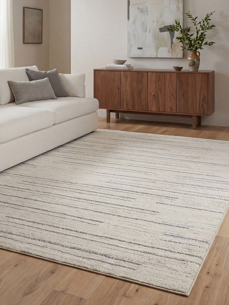 The Rug Edit Cream Grey Oslo Broken Stripes rug, UK version