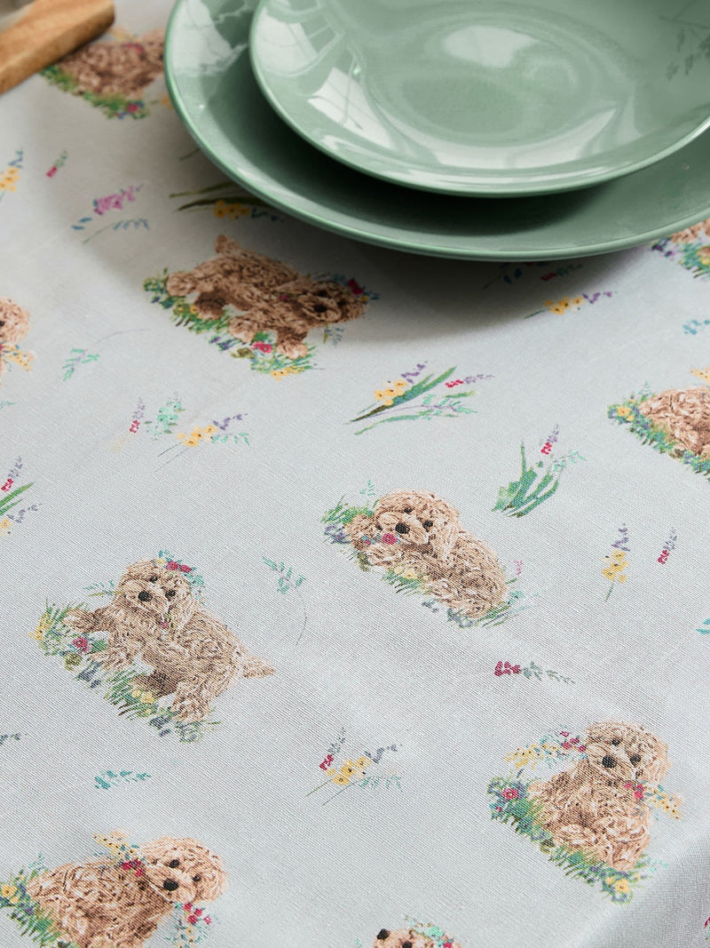Sage green wipe clean tablecloth featuring Charlie the Cockapoo design (British brand)