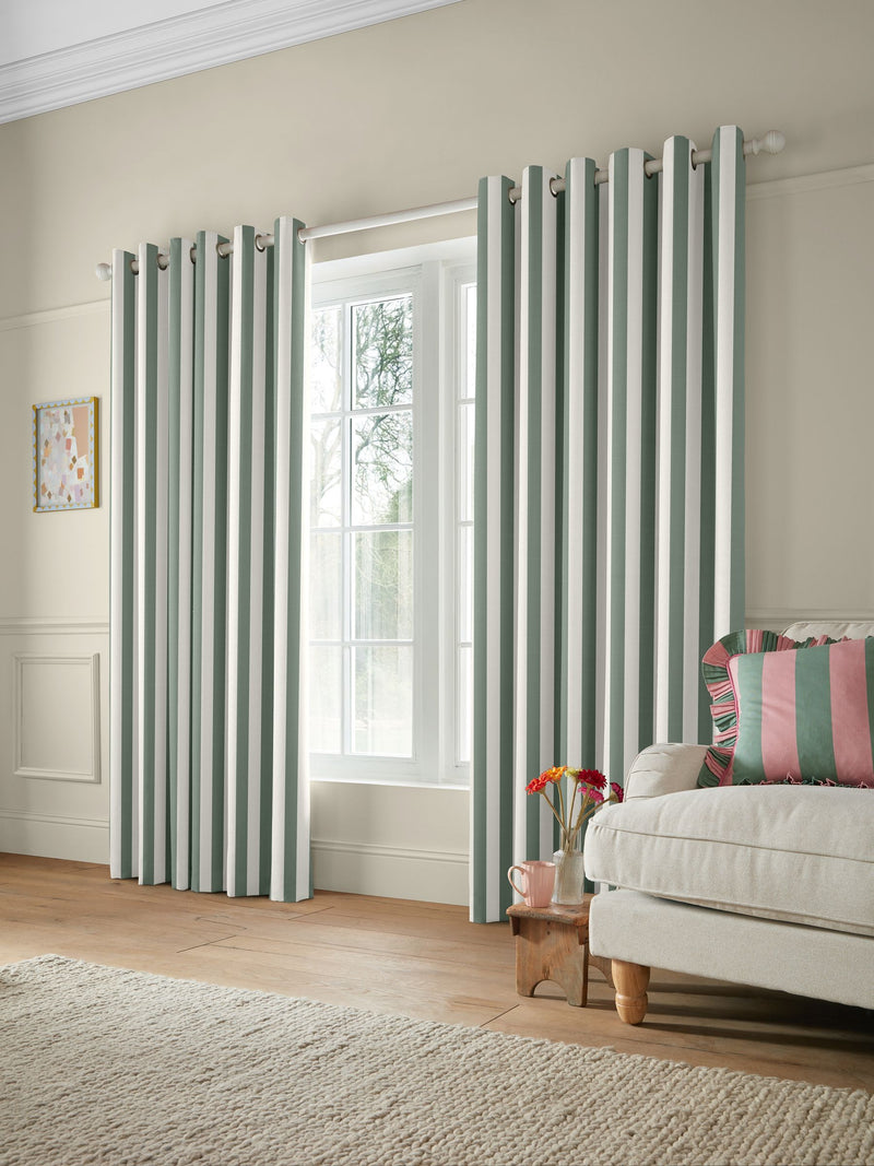 Cath Kidston sage green Canopy Stripe made-to-measure curtains, imported from the UK