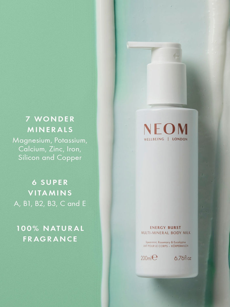 NEOM Energy Burst Multi-Mineral Body Milk 200ml, imported from the UK