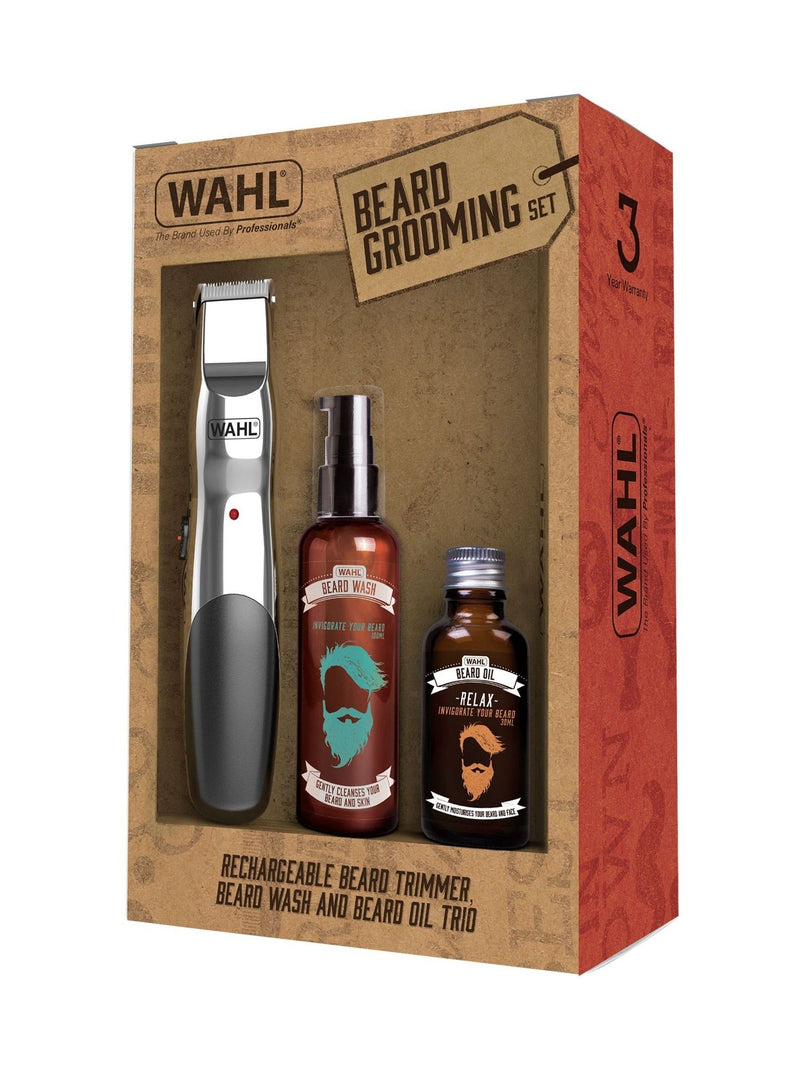 Wahl beard grooming set with trimmer, shampoo, and oil (British brand)