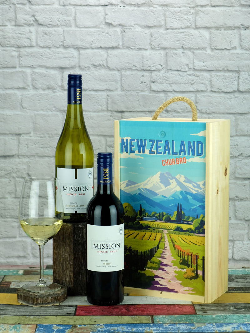 Mission Estate New Zealand Merlot and Sauvignon Blanc wine gift box 2 bottles, UK version