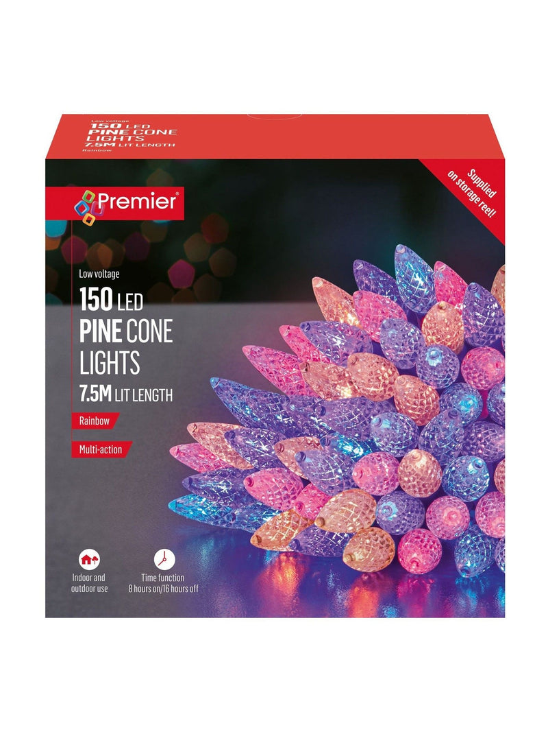 Premier Decorations rainbow pine cone LED string lights 150, imported from the UK