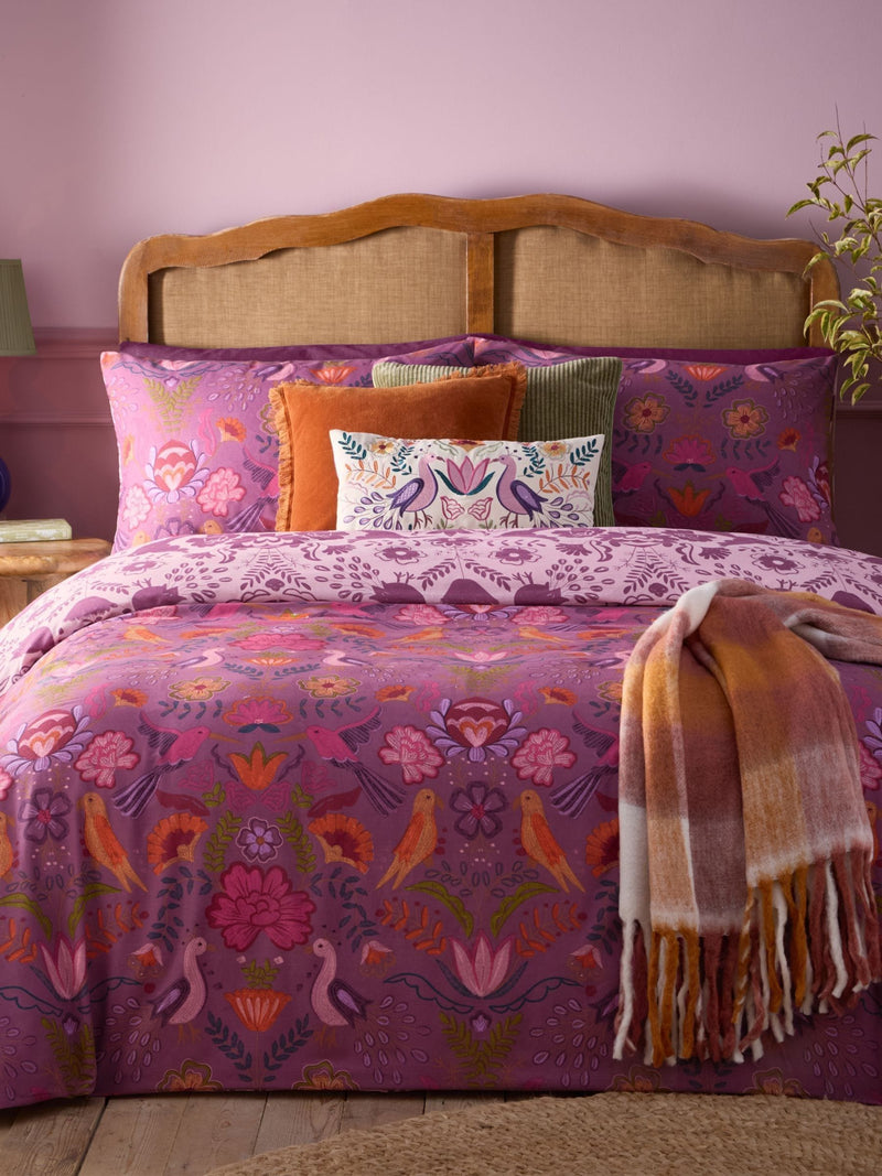 Damson Purple Broderie reversible duvet cover and pillowcase set - British product