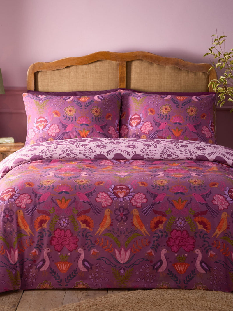 Damson Purple Broderie reversible duvet cover and pillowcase set - British product