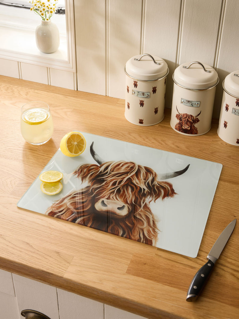 Hamish The Highland Cow glass worktop saver 40x30cm, UK version