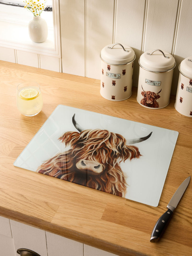 Hamish The Highland Cow glass worktop saver 40x30cm, UK version