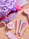 Purple quilted pencil case with stationery, UK version