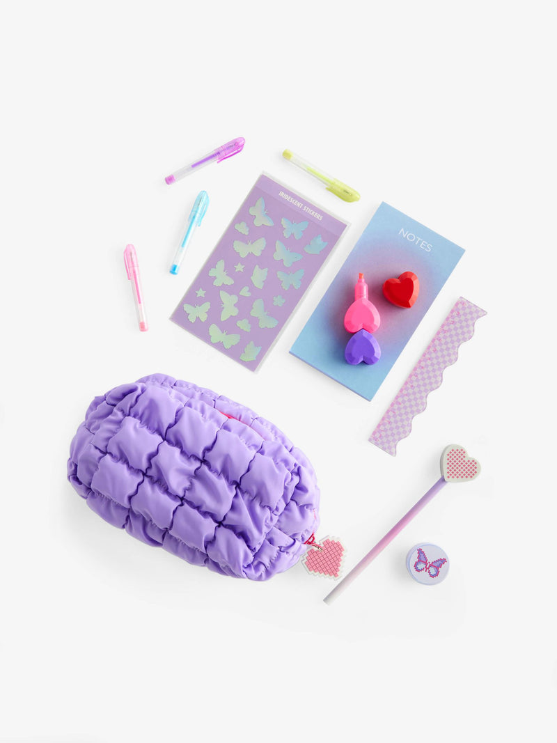 Purple quilted pencil case with stationery, UK version