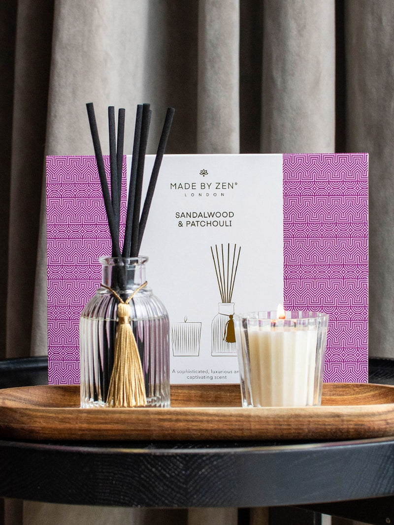 Made by Zen Riad candle and reed diffuser set sandalwood patchouli, imported from the UK