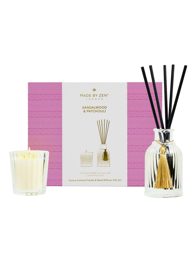 Made by Zen Riad candle and reed diffuser set sandalwood patchouli, imported from the UK