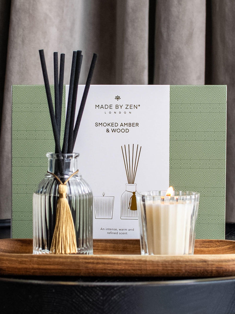 Zen smoked amber wood reed diffuser gift set, imported from the UK