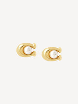 Next COACH Gold Tone Pearl Signature Stud Earrings- Buy online at McGrocer