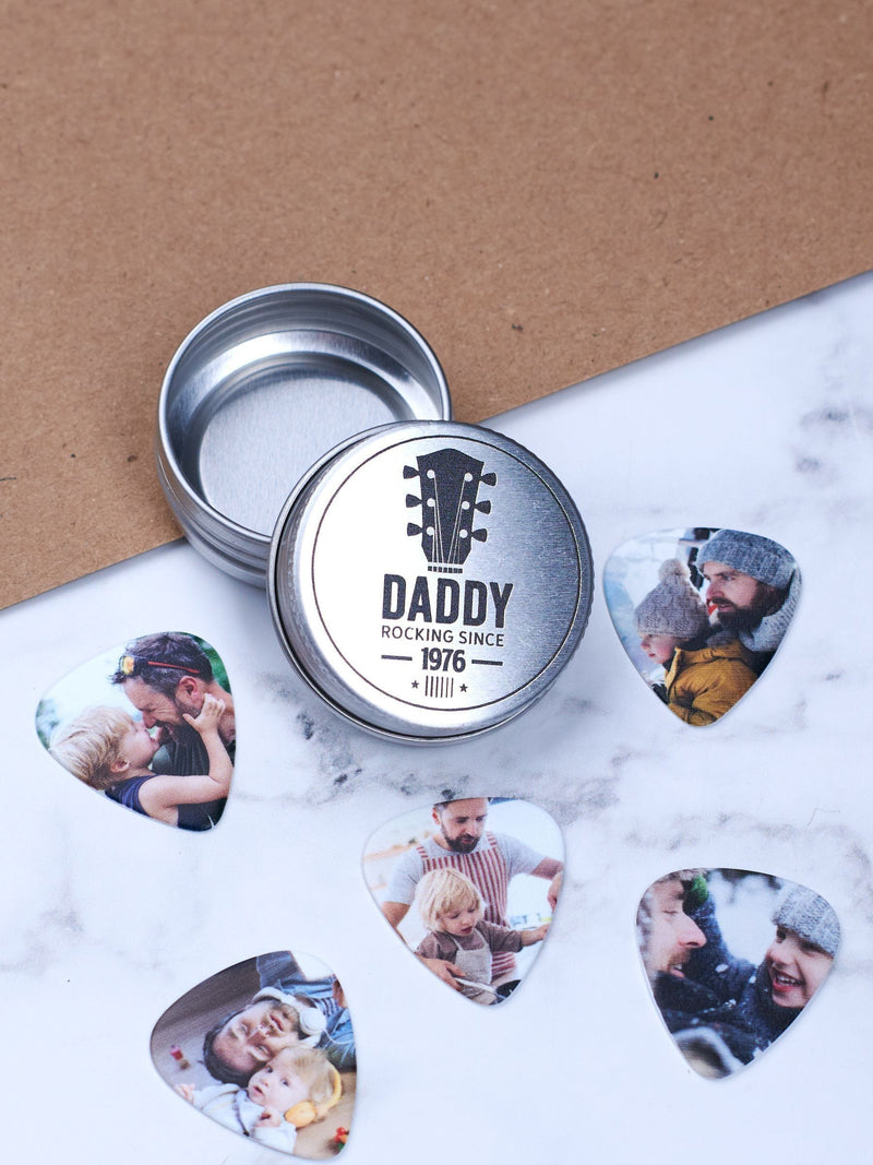 Oakdene personalised photo guitar plectrums in tin, UK version