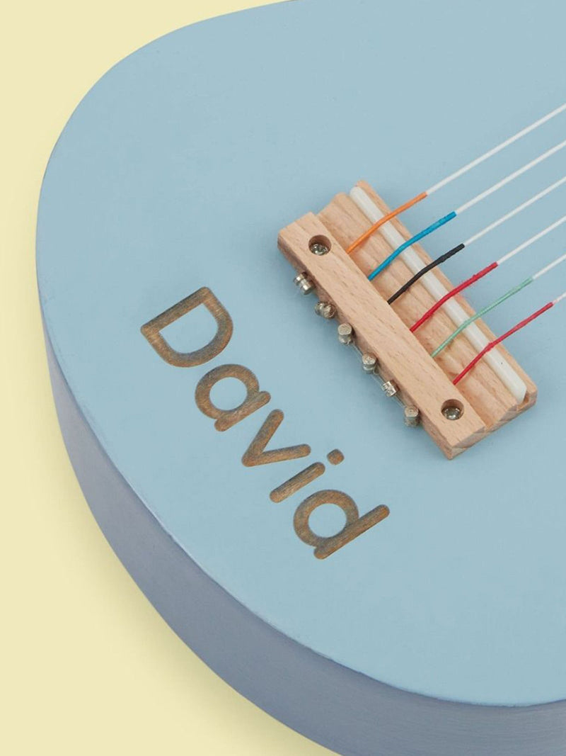 My 1st Years personalised blue wooden guitar 54cm, imported from the UK