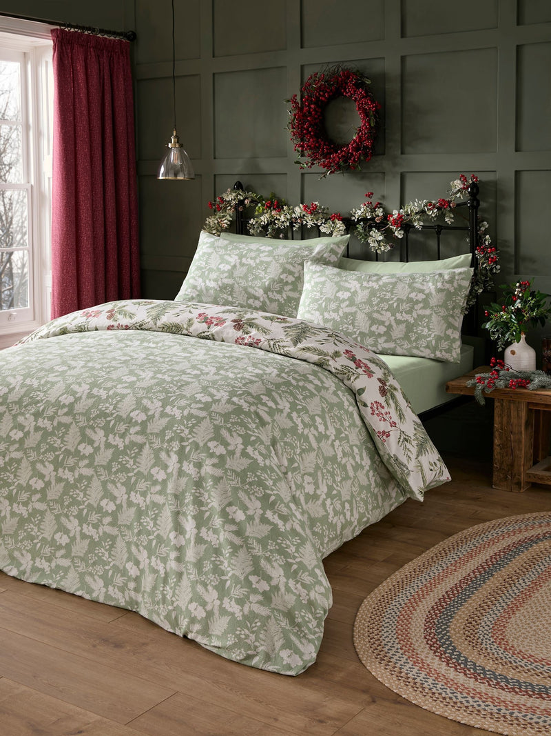 Dreams & Drapes Green Winter Sprigs 100% Cotton Duvet Cover Set