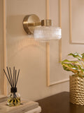 Brass rechargeable Lexington wall light with ribbed glass shade, imported from the UK