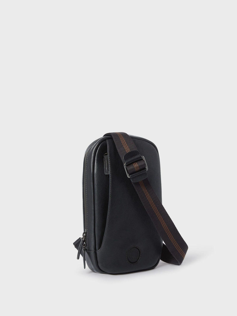 OSPREY LONDON black leather compass sling bag, imported from the UK