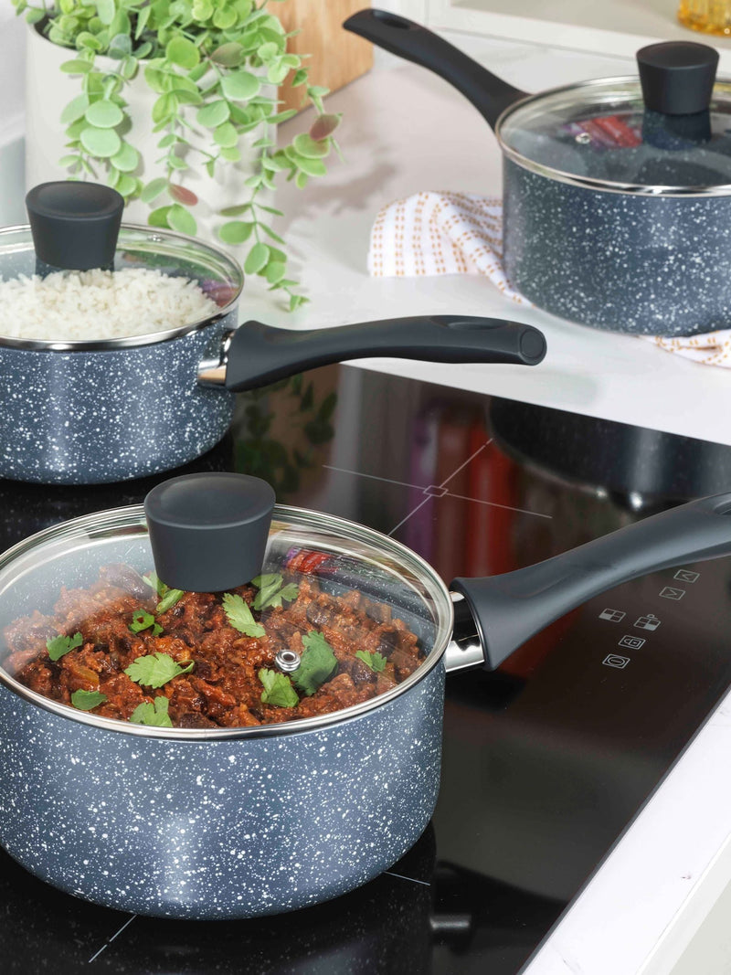 Russell Hobbs Blue Nightfall Stone saucepan set, imported from the UK