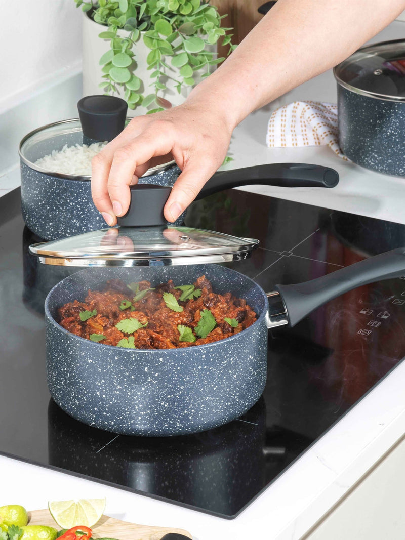 Russell Hobbs Blue Nightfall Stone saucepan set, imported from the UK