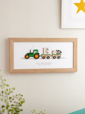 No Ordinary Gift Personalised New Baby Wooden Tractor Print Oak Frame Wooden Toy Print 18x40cm